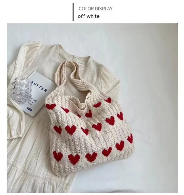 Fashion Large Capacity Heart shaped Knitted Woven Shoulder Bag Apricot - Shop at LoveMi