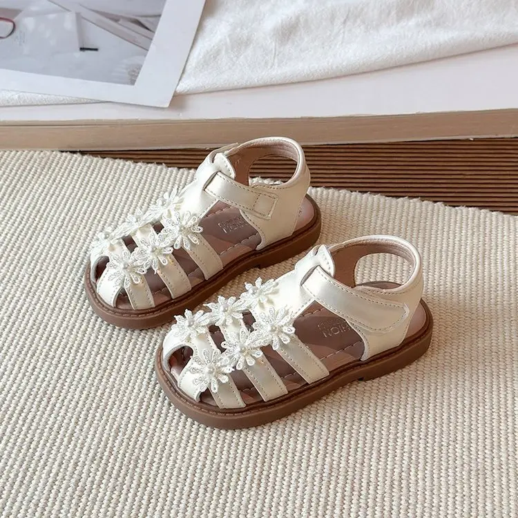 2026 Summer New Girls Closed-Toe Sandals, Toddler & Little Kids Pearl Floral Princess Shoes, Soft Sole Beach Shoes For Baby Girls