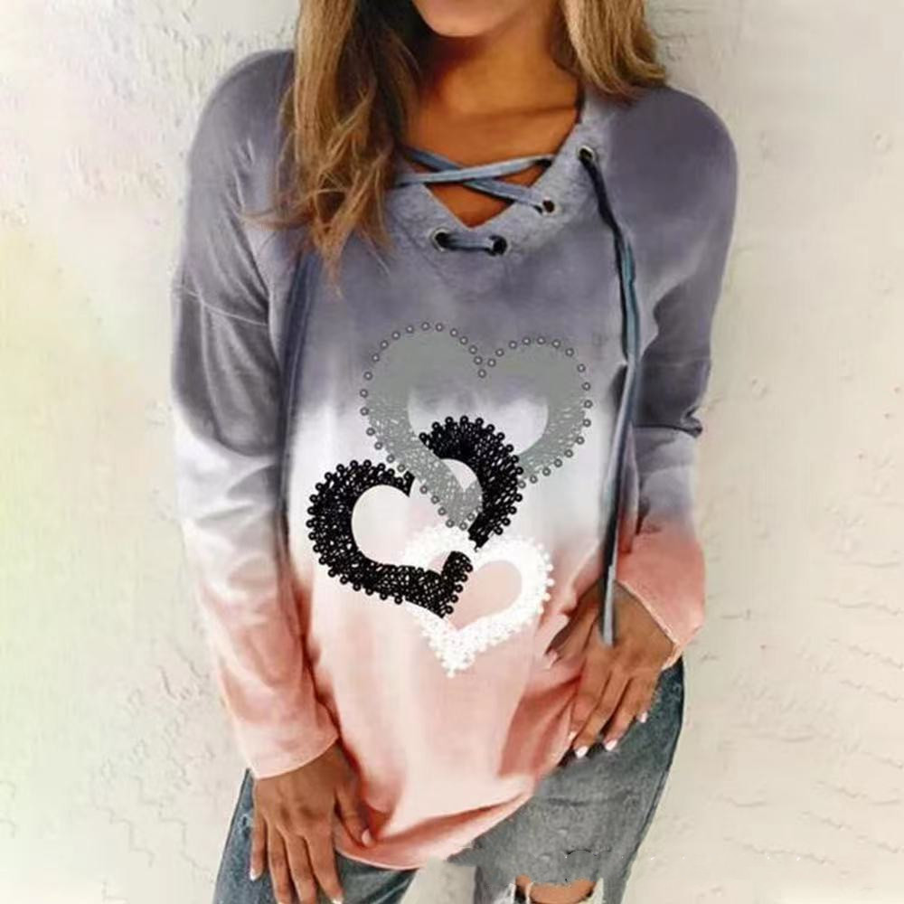 Ladies Spot Fashion V-neck Drawstring Printed Sweater