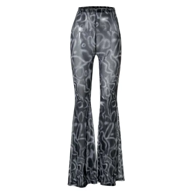 High waist Gauze Micro through Fashion Casual Women's Flared Trousers Black - Shop at LoveMi