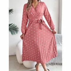 Women's Polka Dot Maxi Dress - V-Neck Long Sleeve A-Line Dress With Belt & Pleats For Spring Fall - Pink - View 1