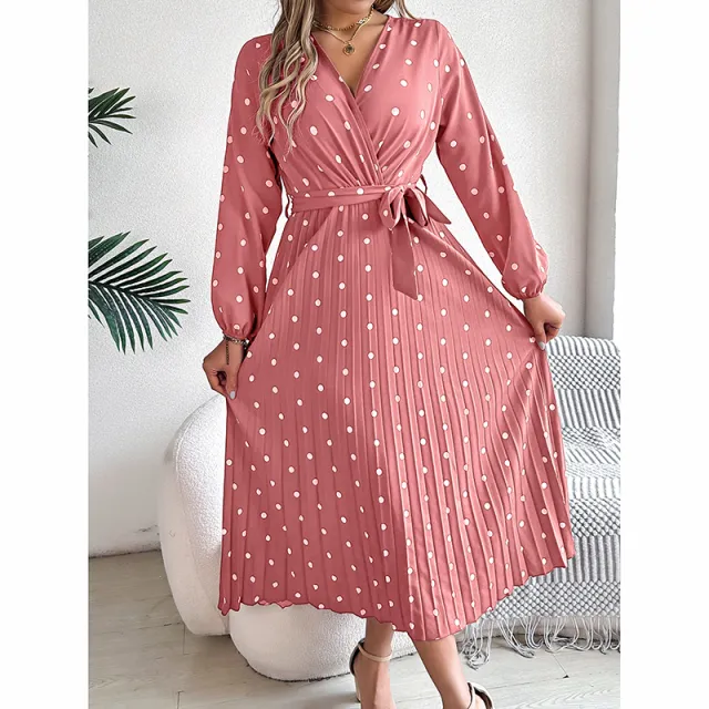 Women's Polka Dot Maxi Dress V Neck Long Sleeve A Line Dress With Belt & Pleats For Spring Fall Pink - Shop at LoveMi