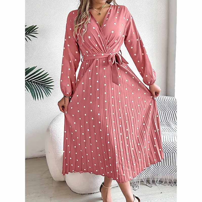 Women's Polka Dot Maxi Dress - V-Neck Long Sleeve A-Line Dress With Belt & Pleats For Spring Fall - Pink
