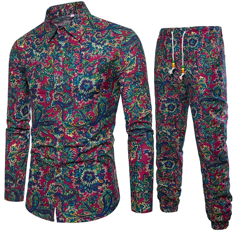 Long-sleeved Shirt Ethnic Print Plus Size Casual Pants Suit