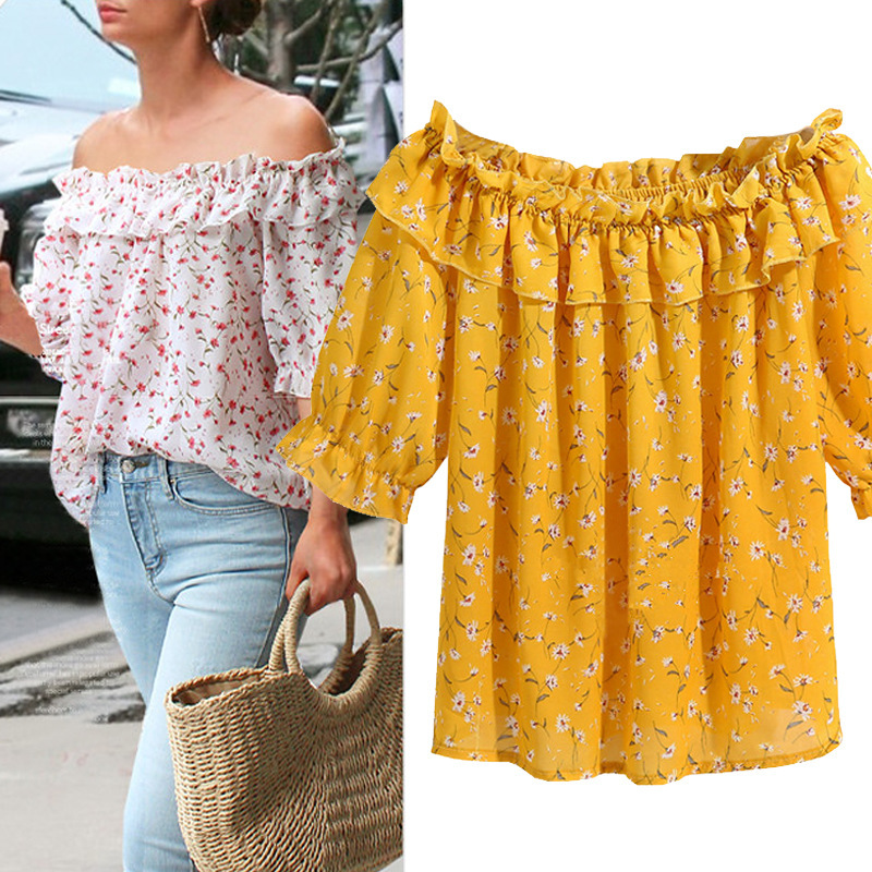 One-line Neck Floral Chiffon Shirt Top