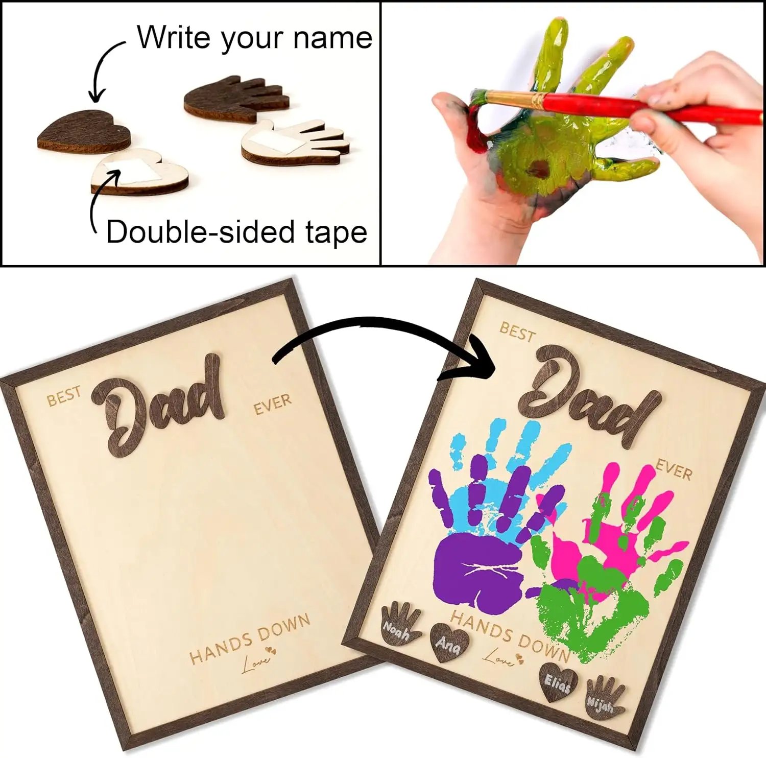 Personalized Best Dad Ever Hands Down Wooden Handprint Sign, Custom DIY Handprint Plaque With Detachable Name Cutouts, Father's Day Birthday Keepsake Gift For D