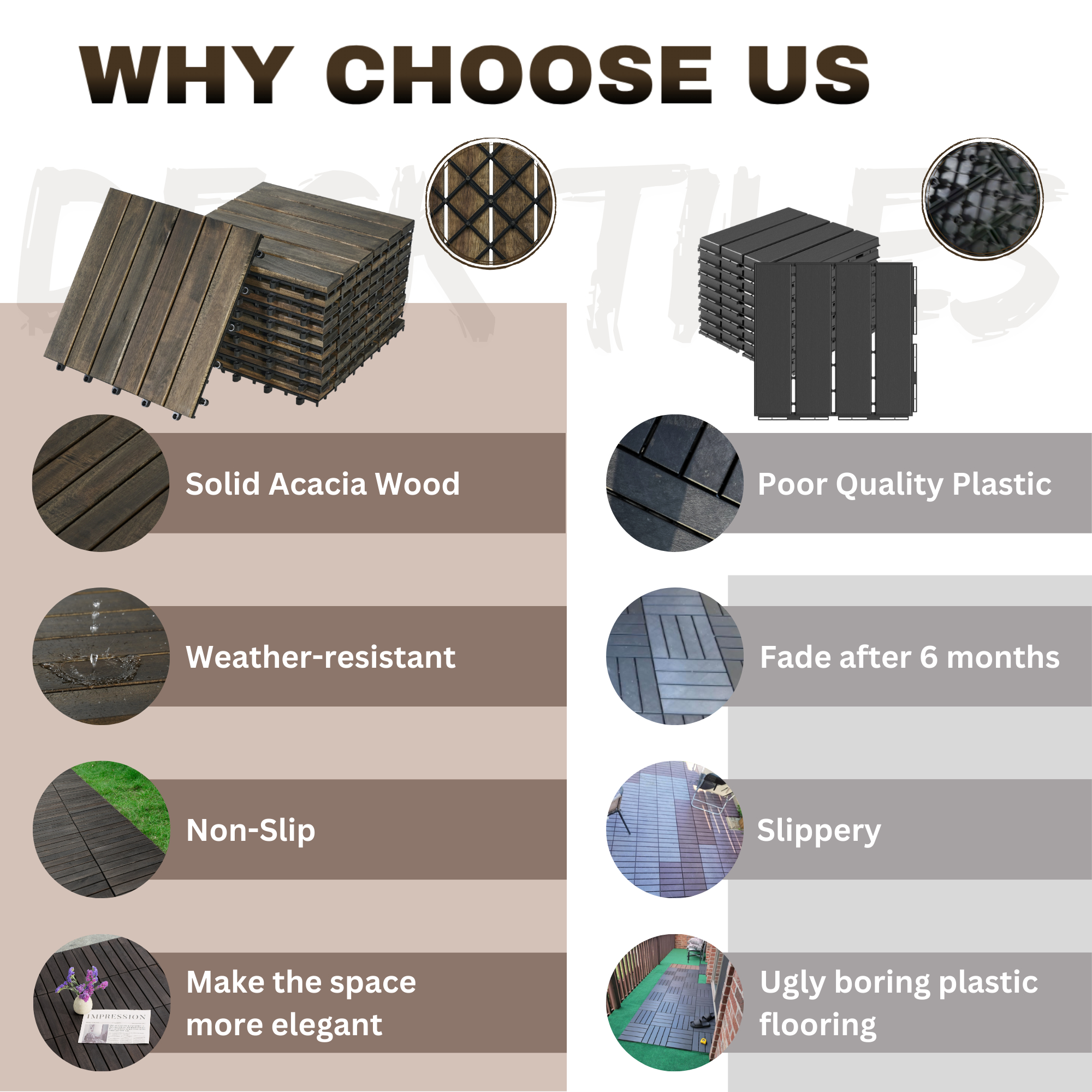 30 PCS Interlocking Deck Tiles Striped Pattern, 12inch X 12inch Dark Brown Square Acacia Hardwood Outdoor Flooring For Patio, Bancony, Pool Side