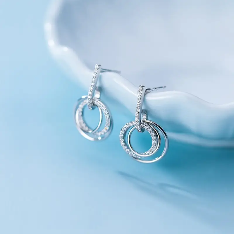S925 Silver Simple Diamond Inlaid Round Earrings Female