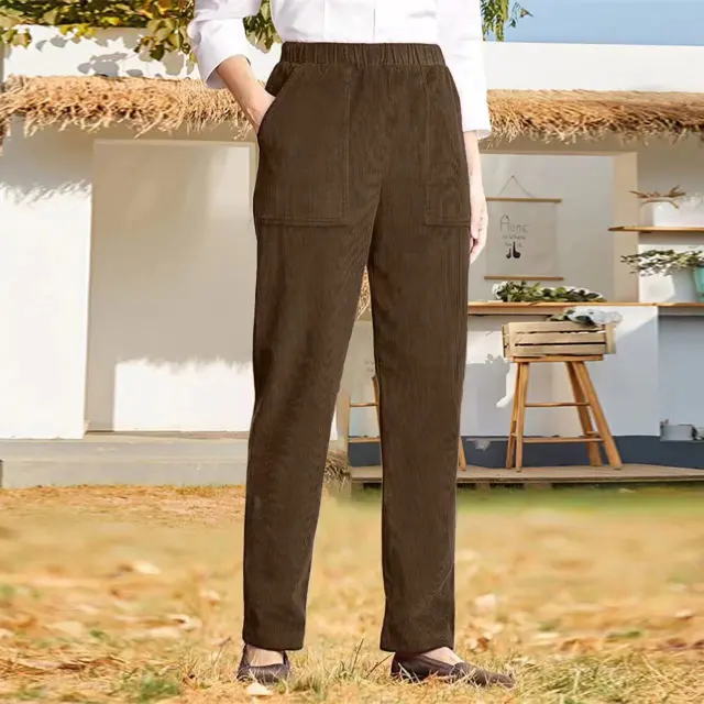 Women's Solid Color Elastic Waist Corduroy Straight Casual Pants Dark Brown - Shop at LoveMi