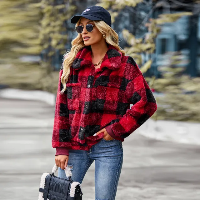 Women's Thickened Plaid Fleece Coat Red - Shop at LoveMi