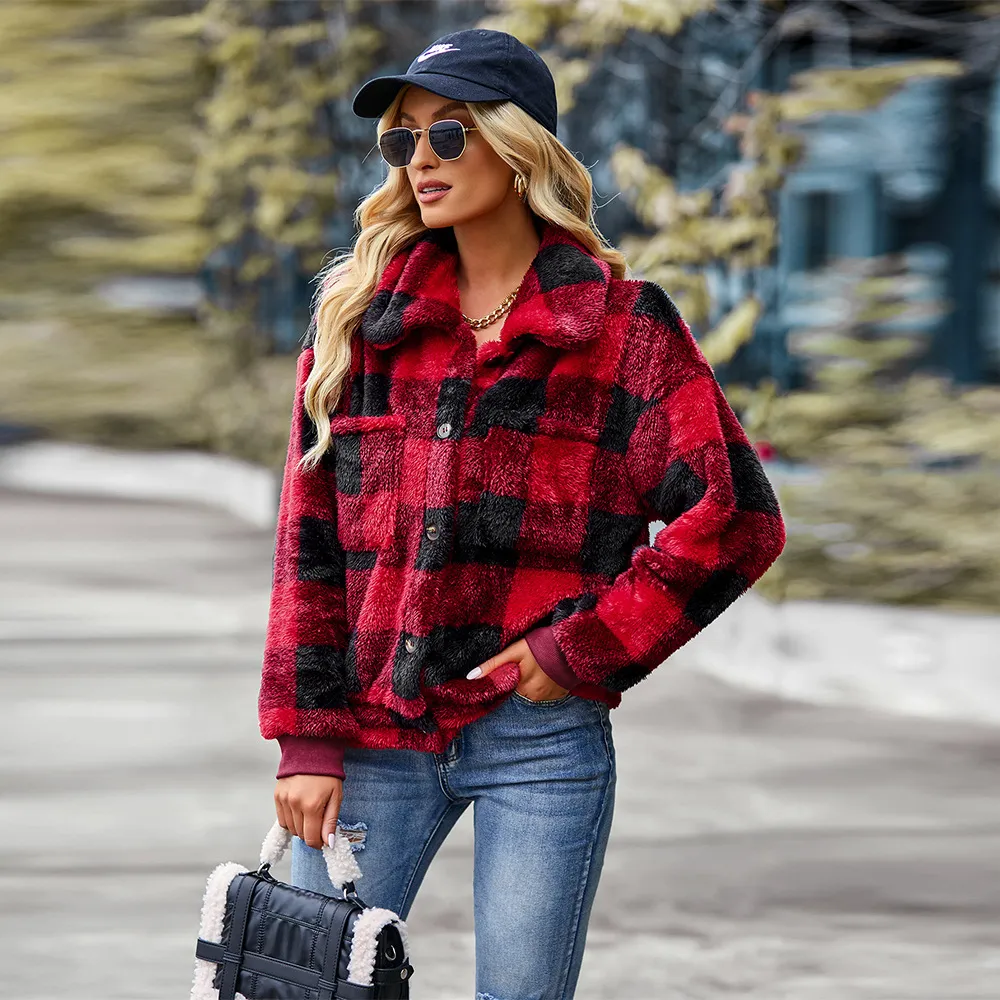 Women's Thickened Plaid Fleece Coat - Red