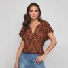 Women's Leopard Print V Neck Loose Large Size Short Sleeve Top Leaf Pattern - Shop at LoveMi
