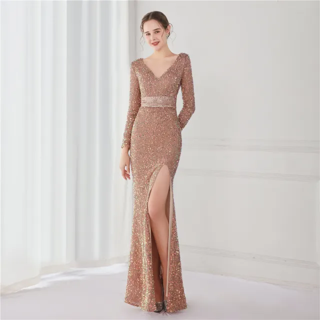 Long Sleeve Sequined Gas Field Queen Fishtail Evening Dress Gold - Shop at LoveMi