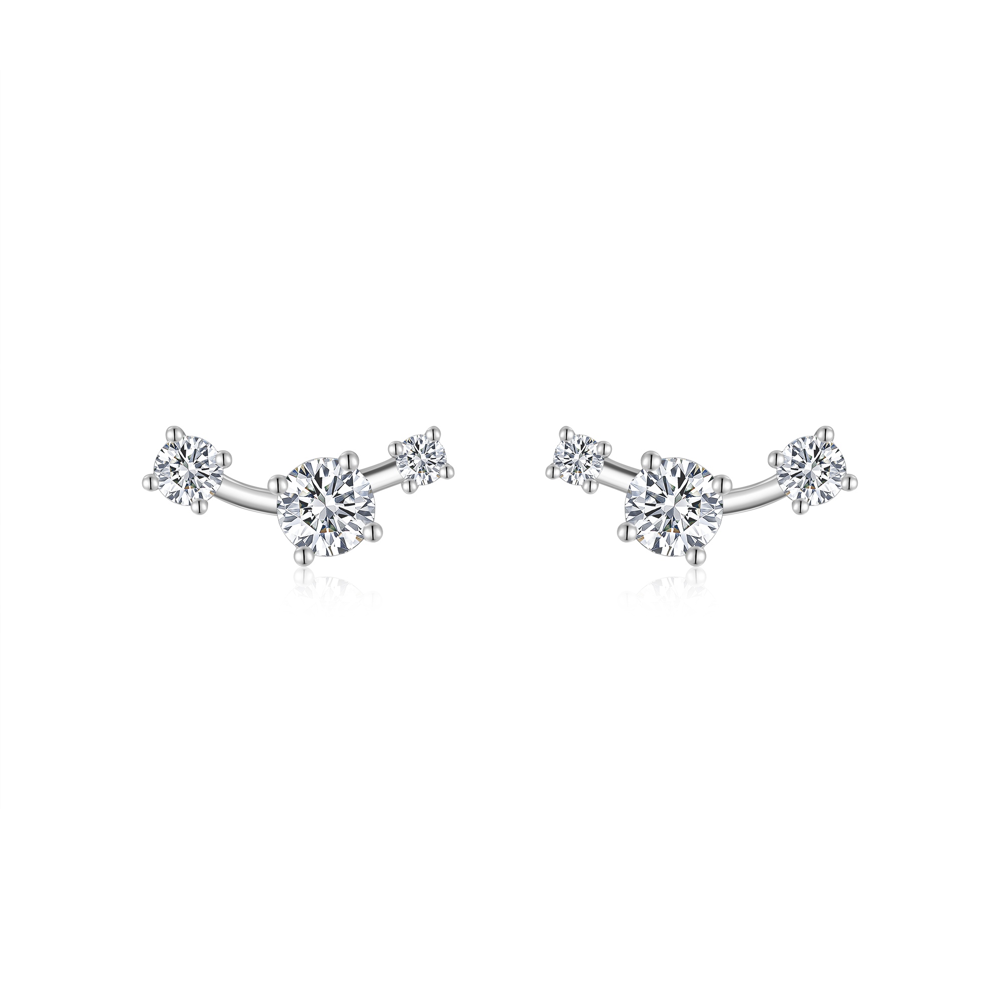 S925 Sterling Silver Three-Stone Curved Stud Earrings, 0.5ct D-VVS1 Moissanite, Platinum Plated 2.1g With GRA Certificate Gift Box