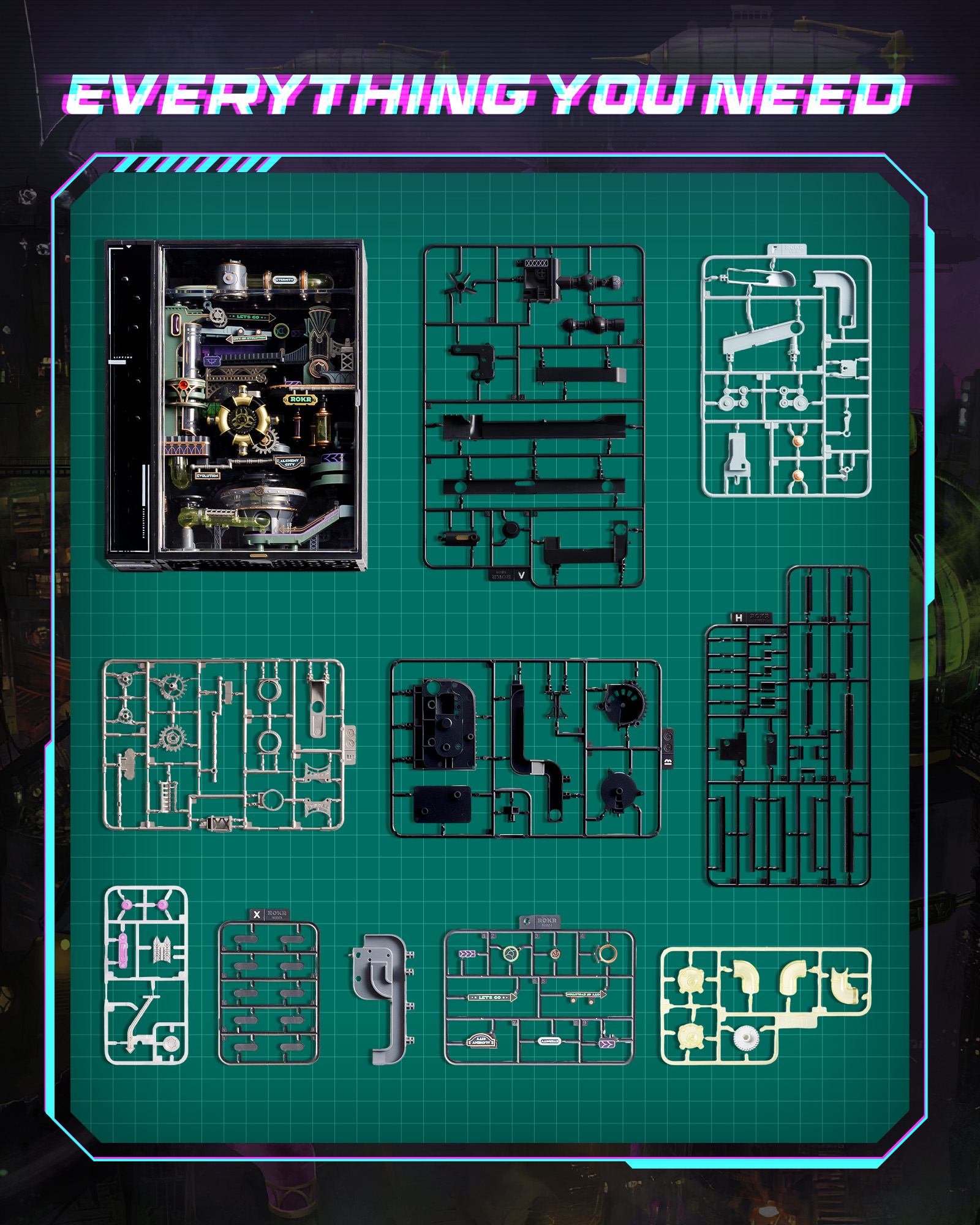 ROKR Parallel World Series - Alchemist's City Pinball Track Model MR04S - 3D Glowing Fantasy Track, Adult Cyberpunk Desktop Ornament, DIY Model Assembly Kit