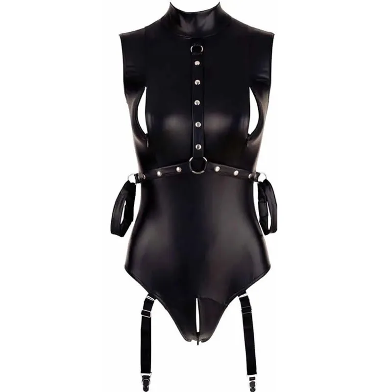 High Elastic Patent Leather Bondage Crotch One Piece Lingerie - Black