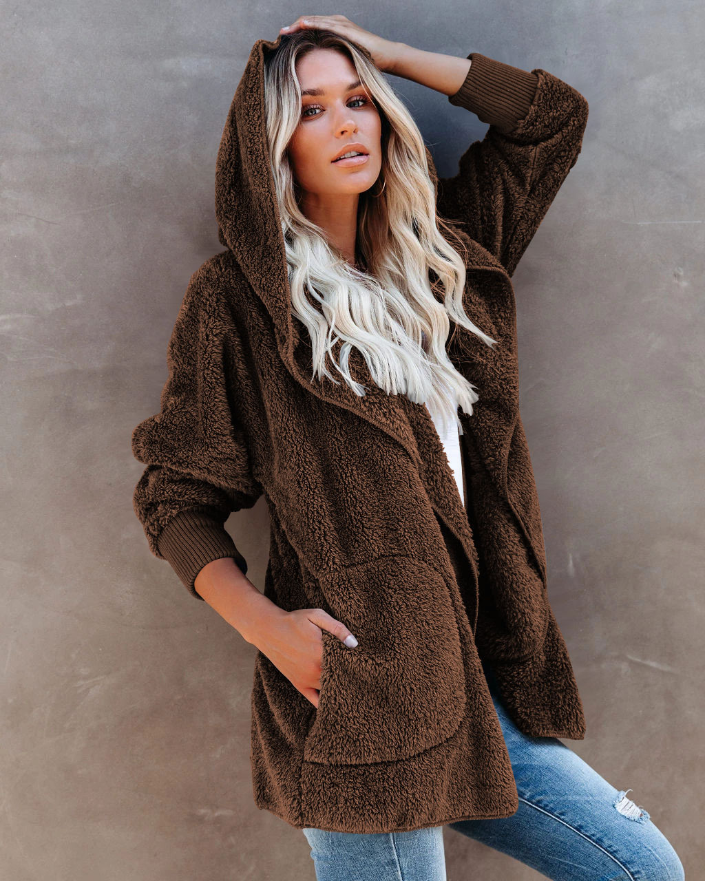 Title 4, Giacca cardigan con cappuccio in peluche casual