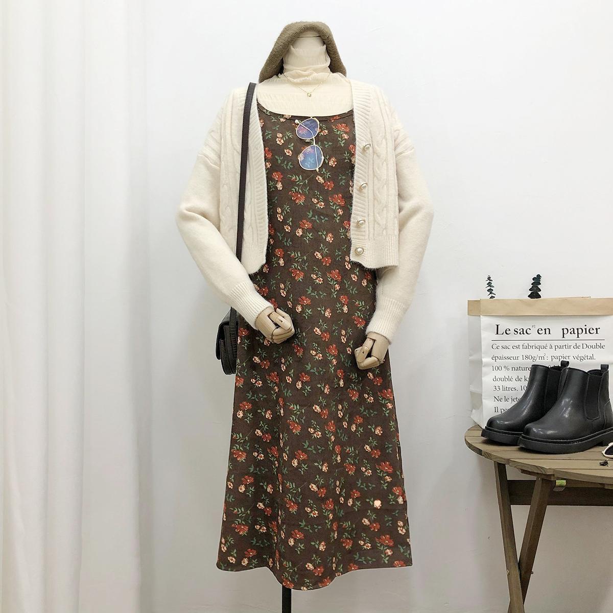 Sleeveless Dress Women Simple Print Daily Spring Corduroy Retro Soft Lovely Brown Flower - Shop at LoveMi