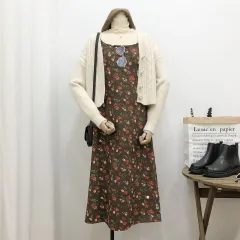 Sleeveless Dress Women Simple Print Daily Spring Corduroy Retro Soft Lovely - Brown Flower - View 1