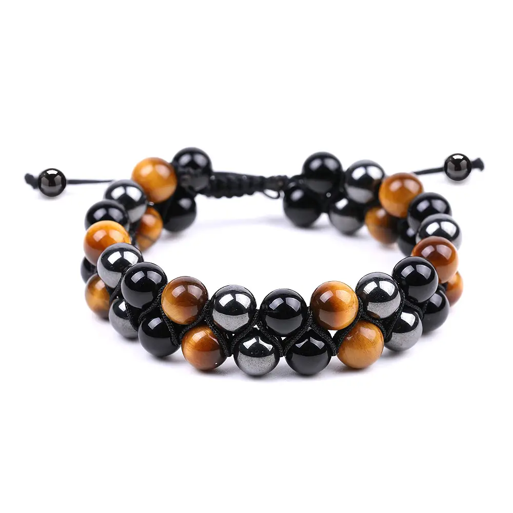 Black Magnet Agate Double Row Braided Bracelet