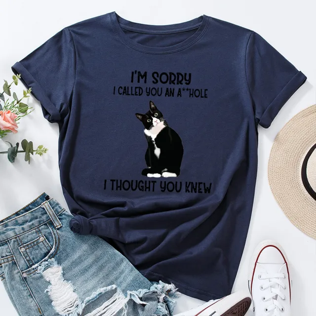 Beautiful Women's Cute Letter Cat Print Loose Round Neck Short sleeved T shirt Women Navy Blue - Shop at LoveMi