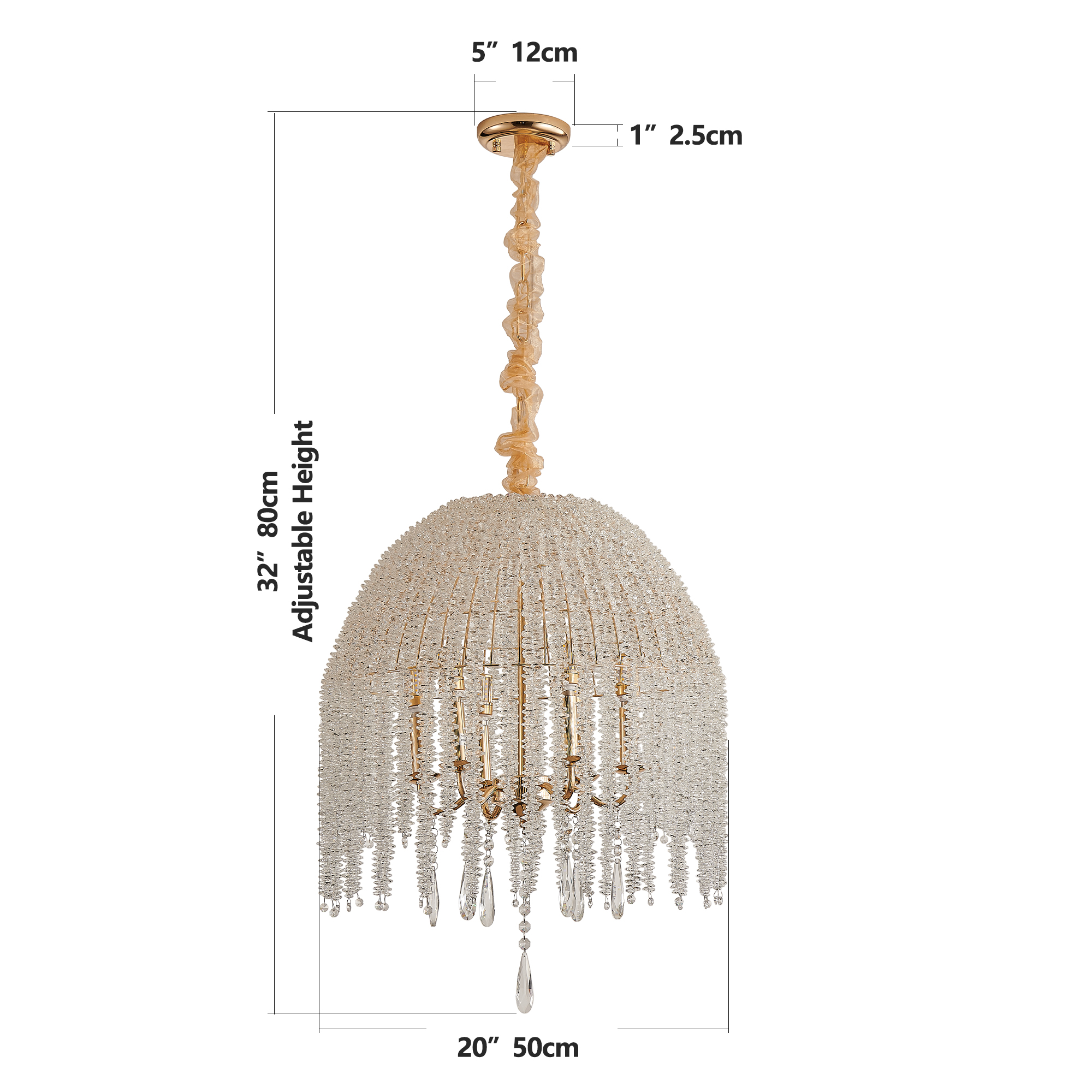 20 Inch 6 Light K9 Crystal Pendant Light Chandelier Elegant Waterfall Design With Cascading Crystal Bead Strings And Gold Finish For Living Room, Bedroom, Or Dining Area Bulb Not Included