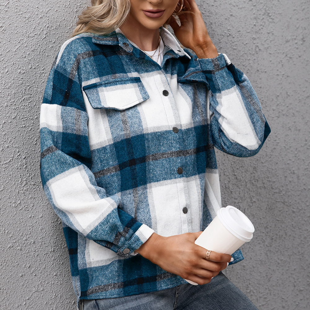 Thick Cashmere Long sleeved Plaid Top Navy - Shop at LoveMi