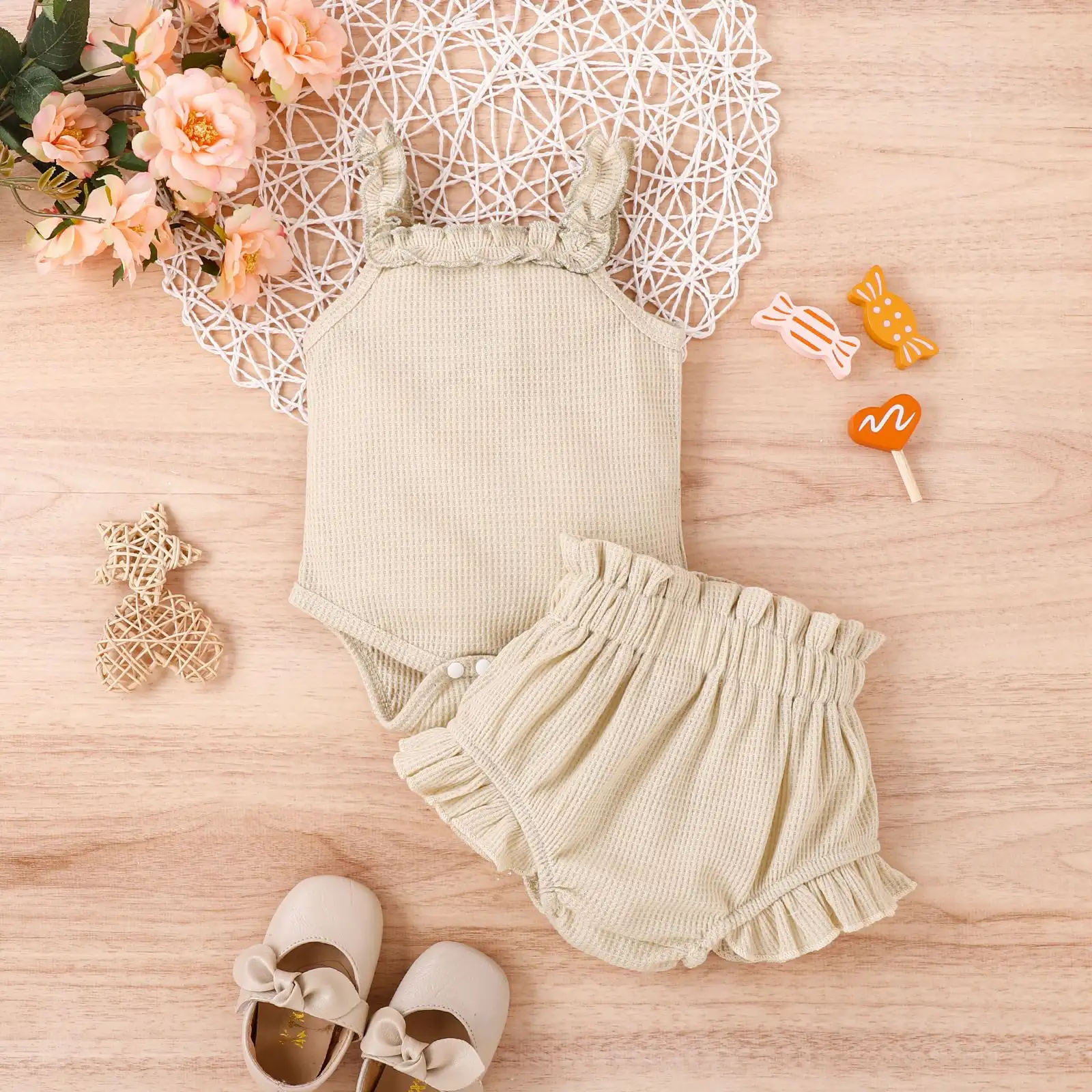 Children's Ins Suit Waffle Sling Romper Shorts Suit