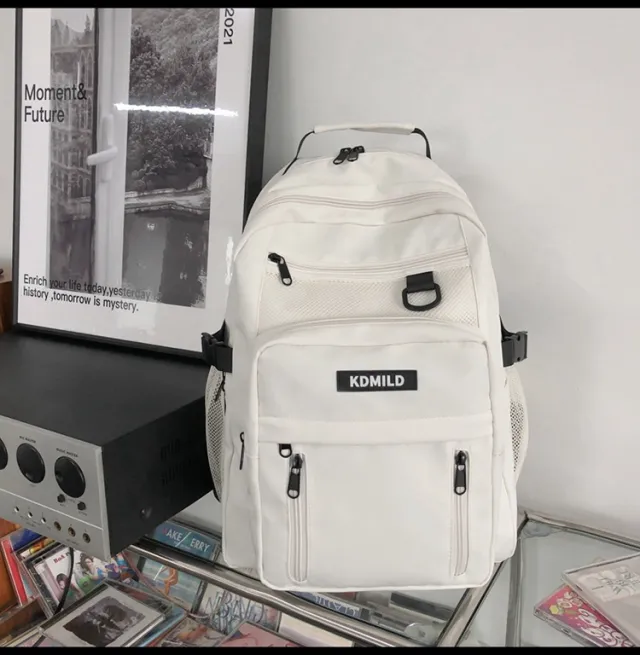Nylon Backpack For Students School Bag High Capacity Waterproof Zippers Backpack White - Shop at LoveMi