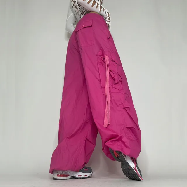 Women's Street Style Pocket Elastic Waist Cargo Pants Pink - Shop at LoveMi