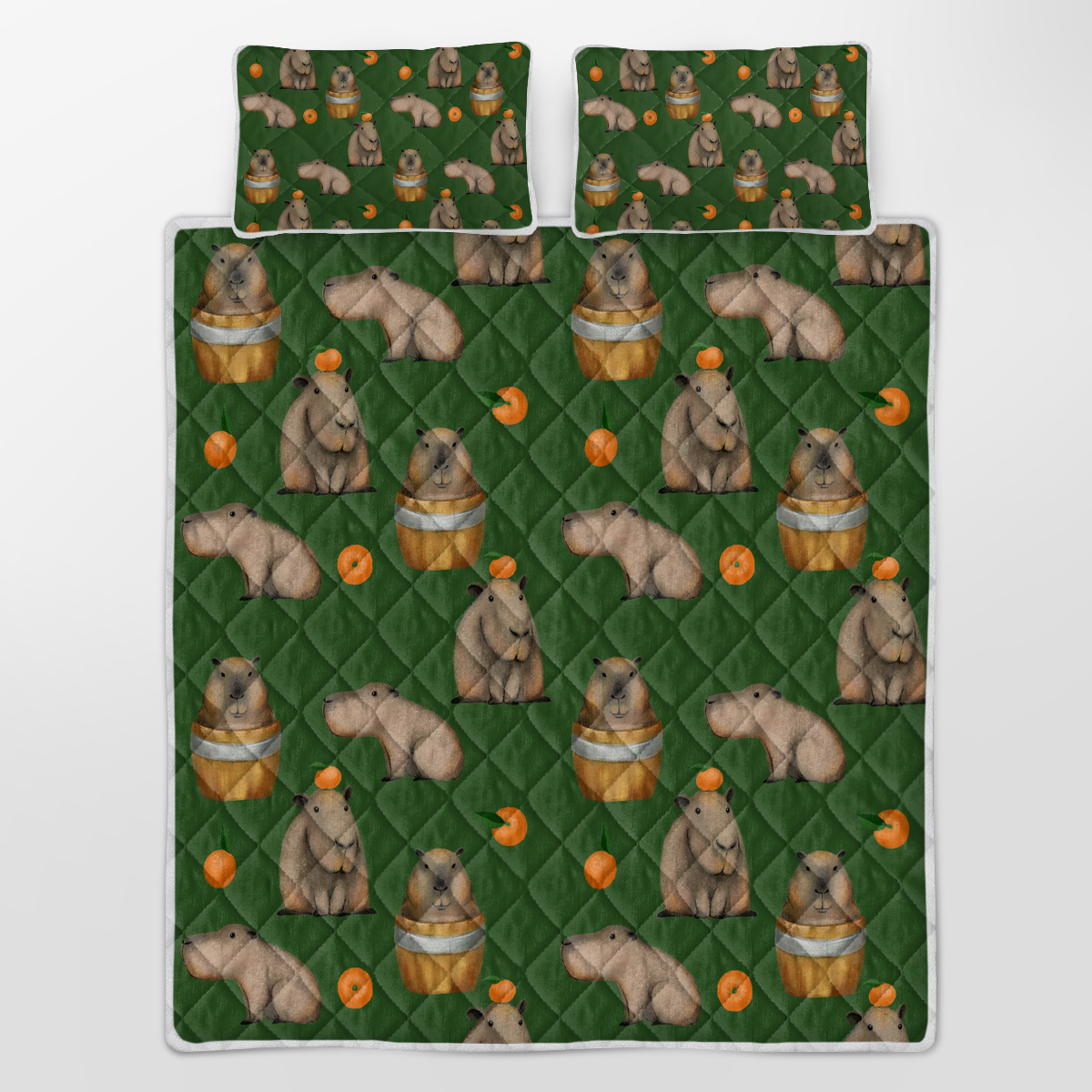 3-Piece Capybara Printed Quilt Set Soft Microfiber Lightweight Green Bedspread Coverlet Cartoon Animal Coverlet With 2 Pillow Shams