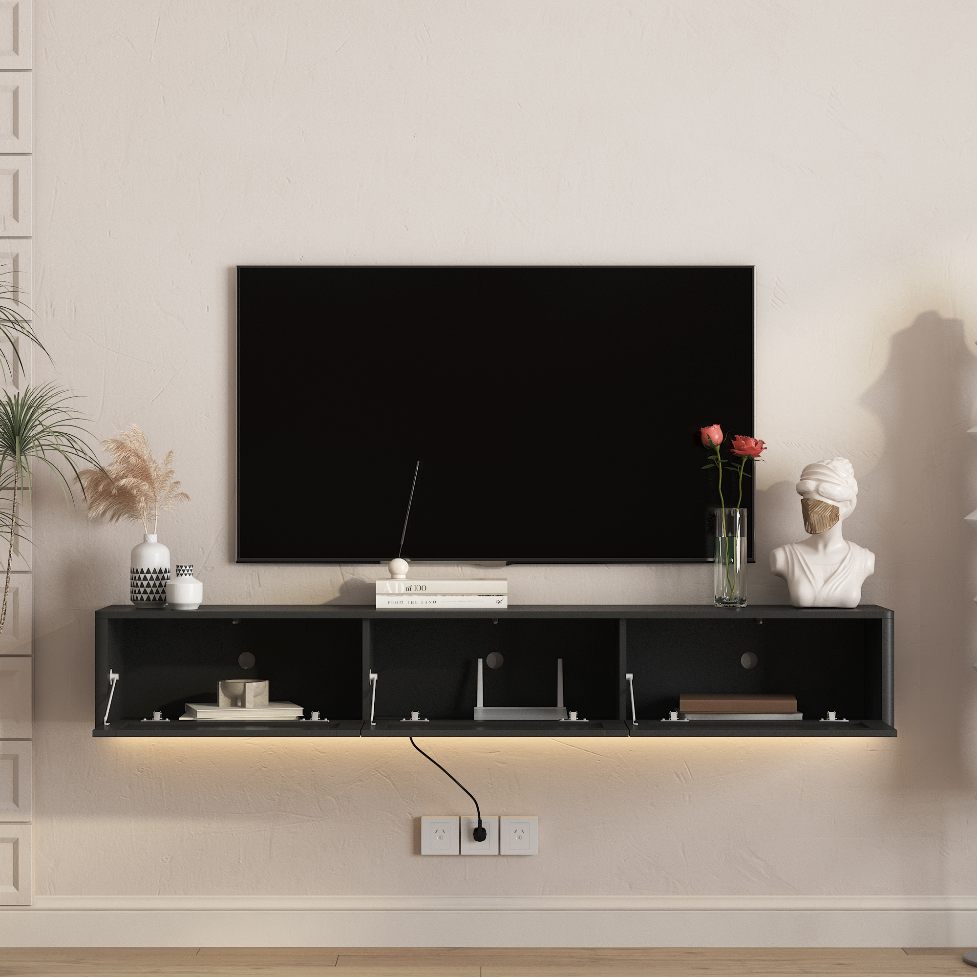 Floating TV Stand, Wall Mounted TV Shelf With Led Lights & Power Outlet,High Gloss TV Cabinet For Black Tv Stands For Living Room