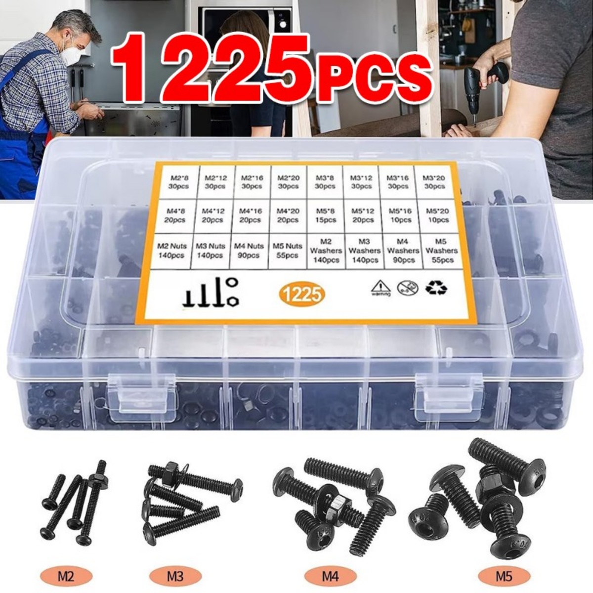 1225pcs Stainless Steel Hex Screws & Socket Bolts Nuts Set Assorted M2 M3 M4 M5 — image 5