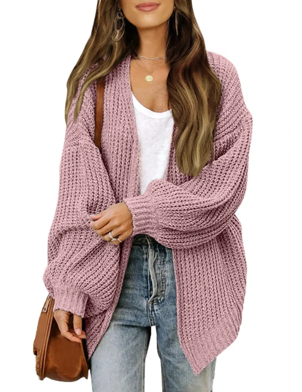 Fashion Lantern-sleeved Sweater With Pockets Casual Loose Solid Knit Cardigan Autumn Tops Womens Clothing - Pink