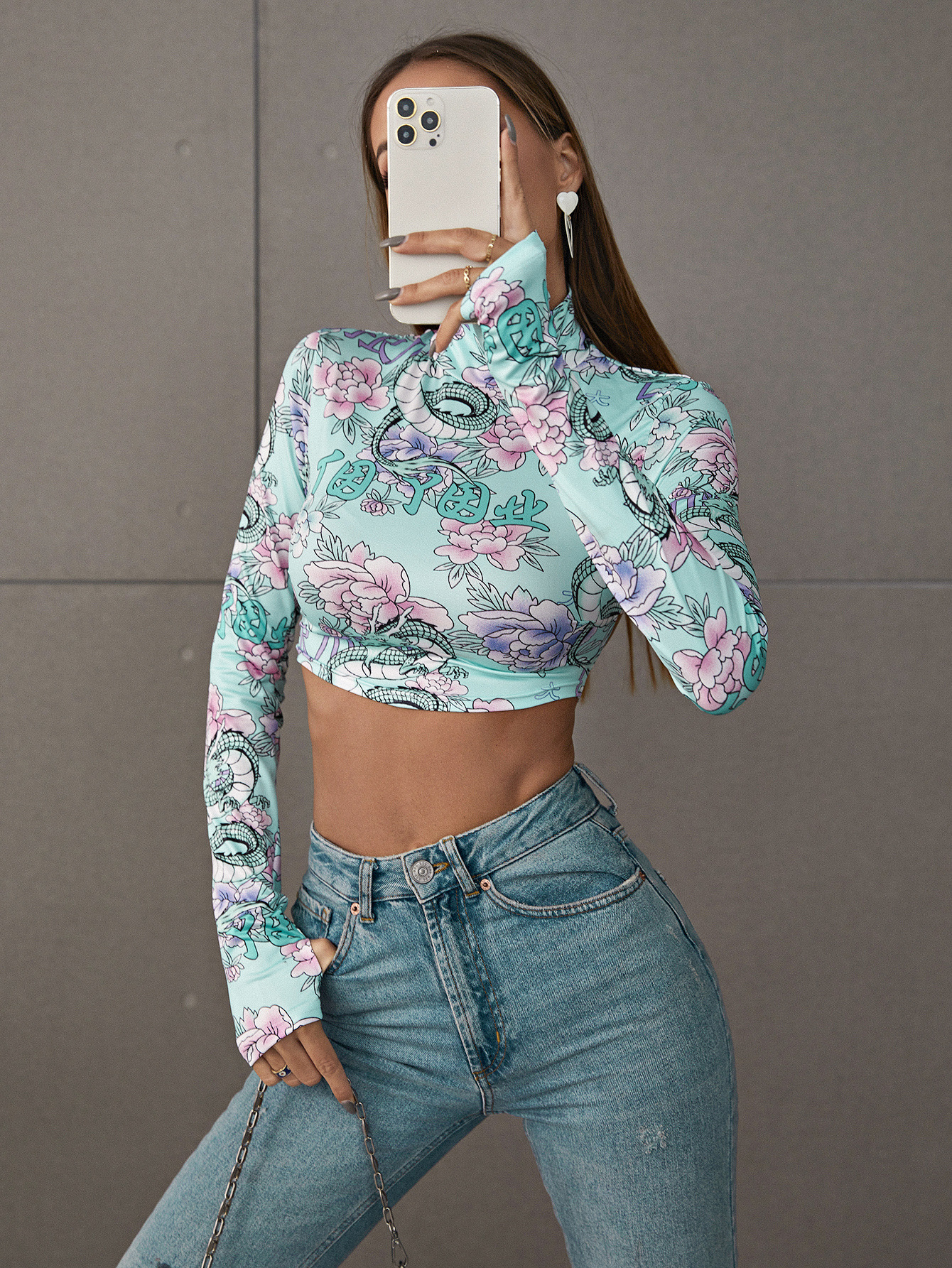 Women's Printed Skinny Turtleneck Cropped Top
