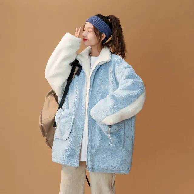 Stitching Lamb Wool Casual Loose Couple All match Cotton Jacket Sky Blue - Shop at LoveMi