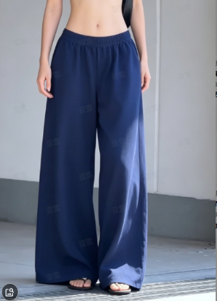 Navy Blue Elastic Waistband With A Sense Of Sagging, Wide Leg Casual Pants