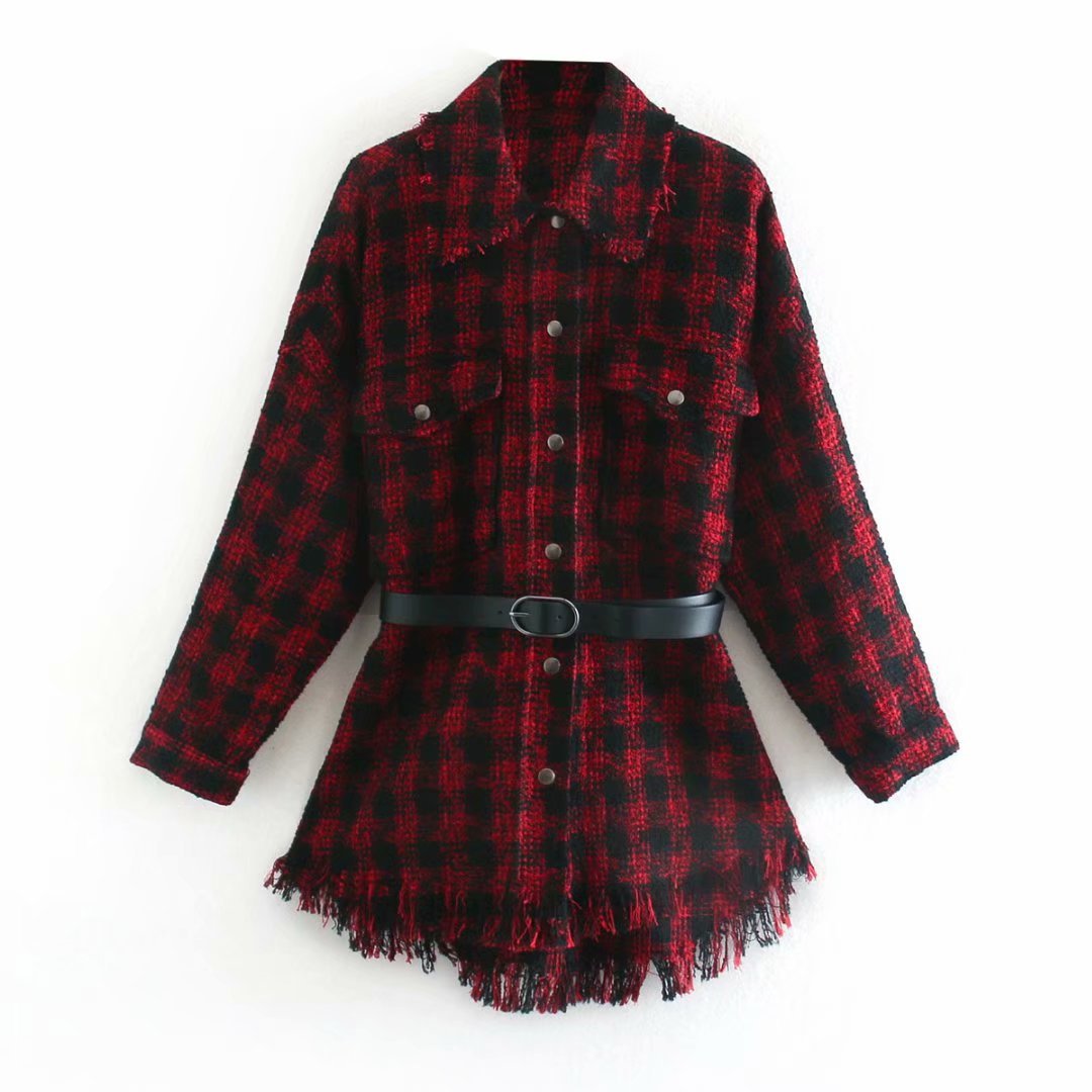 Summer Foreign Trade Wholesale Women's Assembly Belt Red Plaid Shirt Jacket