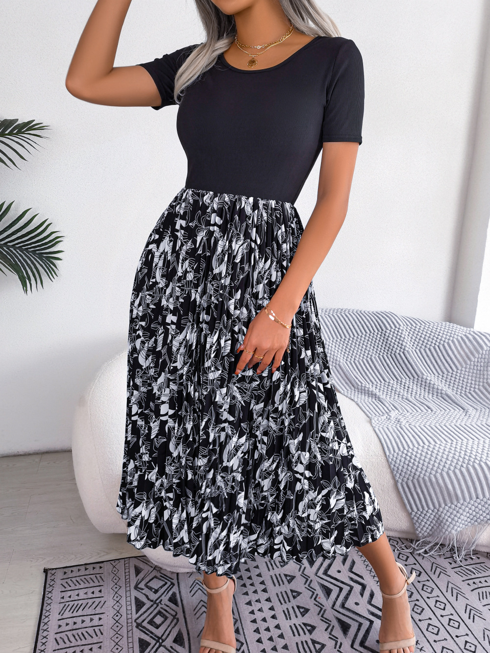 Women Casual Leaf Print High Waist Pleated Midi Dress thumbnail 4