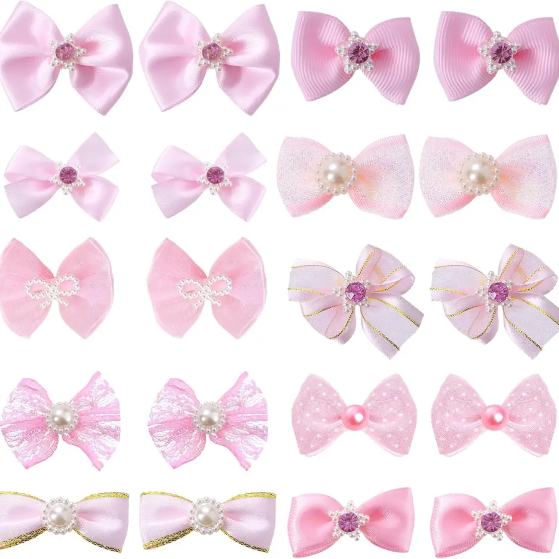 20 PCS Cute Dog Hair Bows With Rubber Bands Elastic Handmade Mix Style Lace Rhinestone Pearls For Furry Puppy Cat Pet Girl