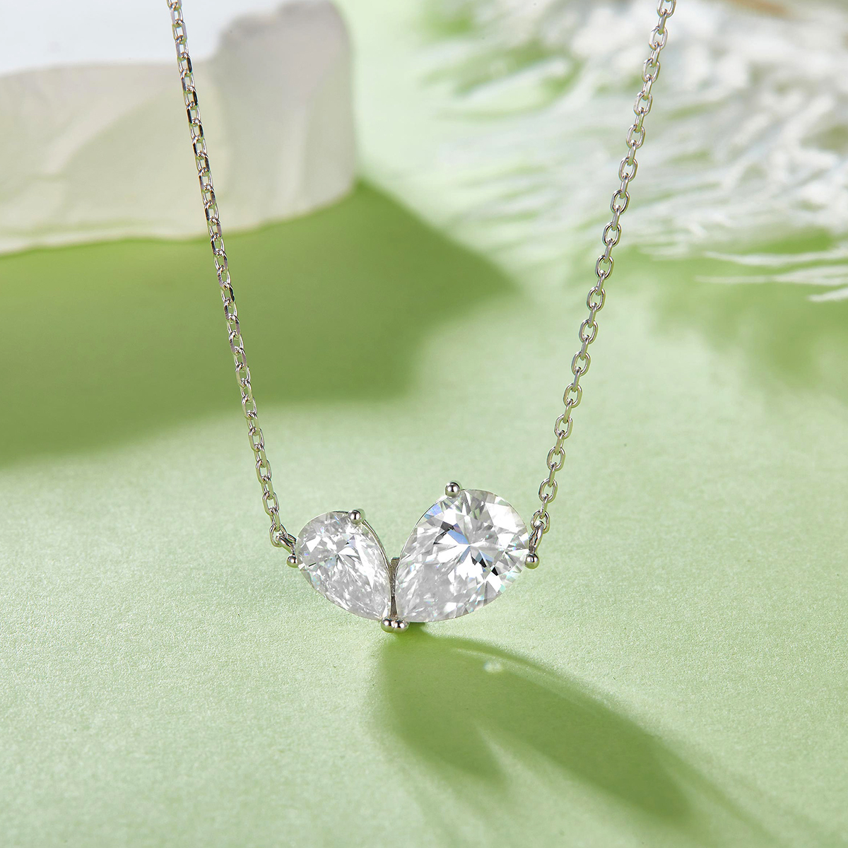 S925 Silver 3g Two Stone Pear Moissanite Necklace, 10x7mm & 8x5mm D VVS1, GRA 42&3cm