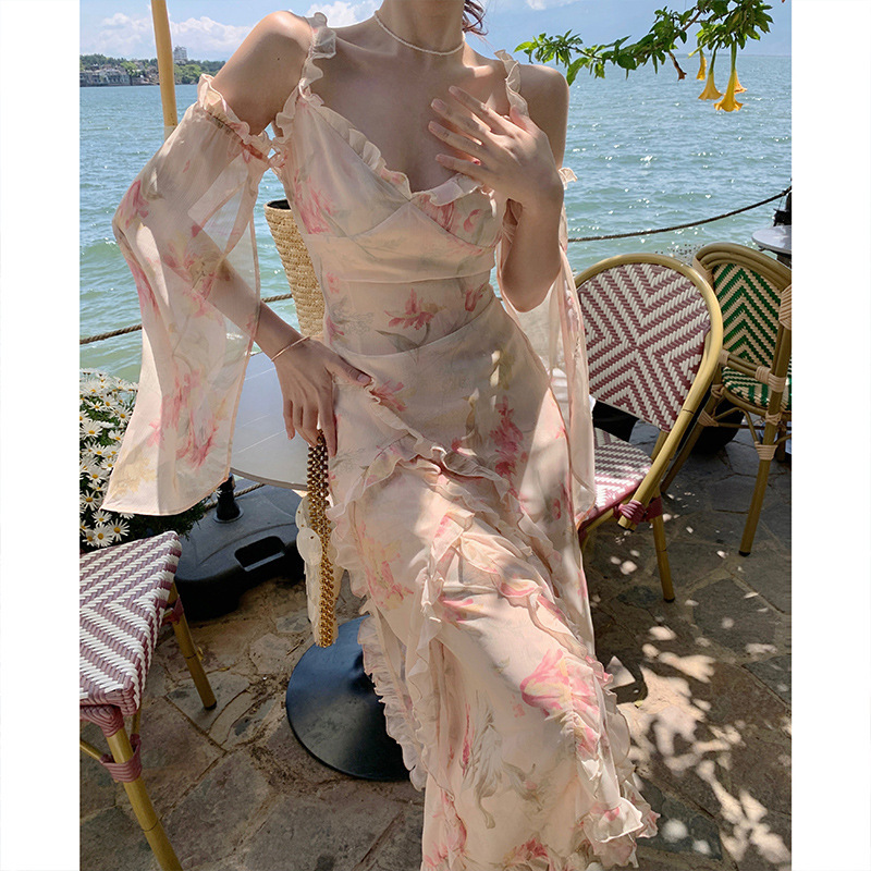 French Floral Oil Painting Ruffle Vacation Beach Dress