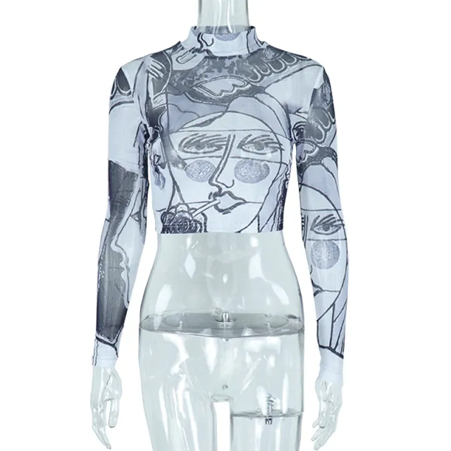 Round Neck Long Sleeve Fashionable Face Print Slim Mesh T shirt Grey - Shop at LoveMi