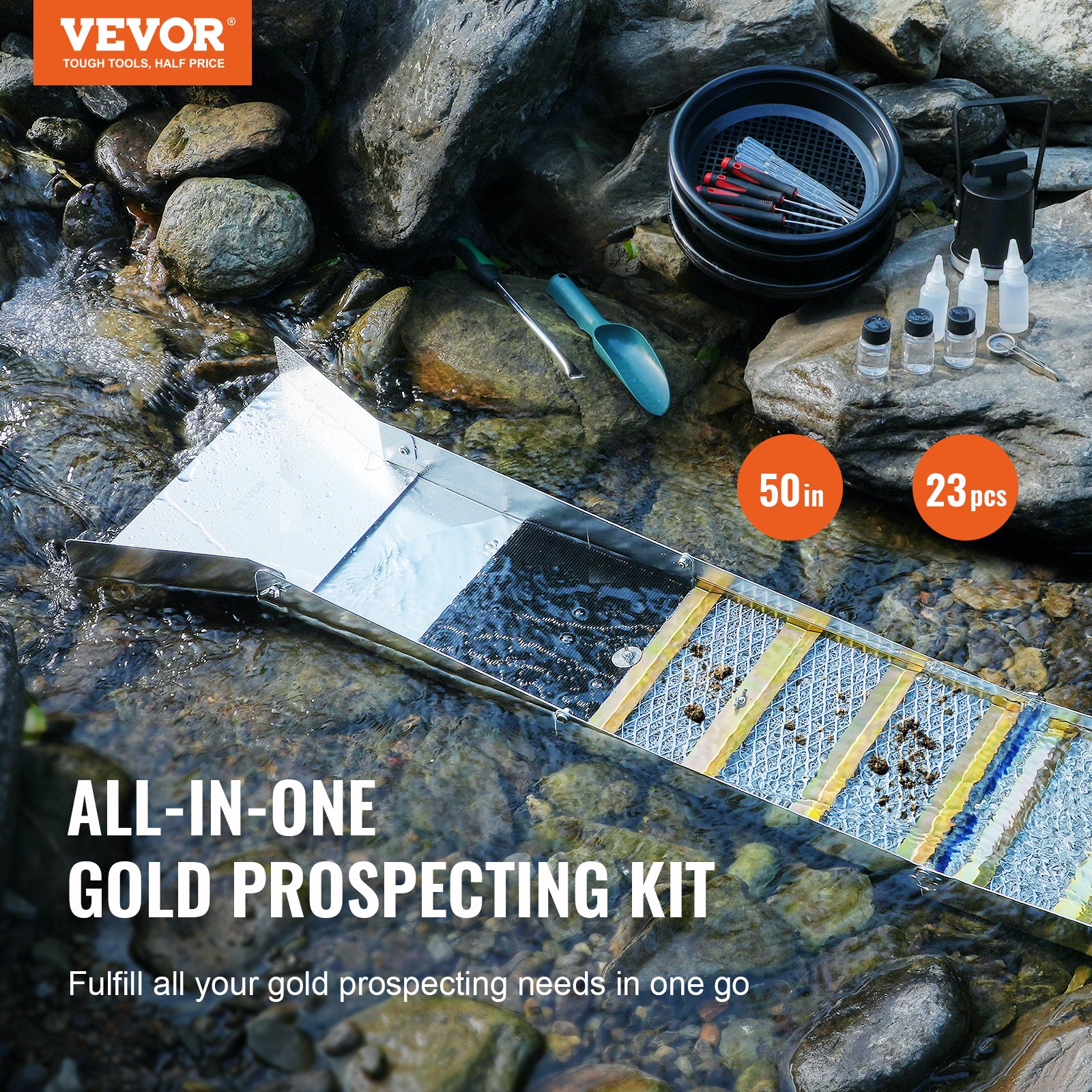 50 Inch Folding Sluice Box Gold Panning Kit, 23pc Gold Prospecting Equipment Kit With Gold... thumbnail 1