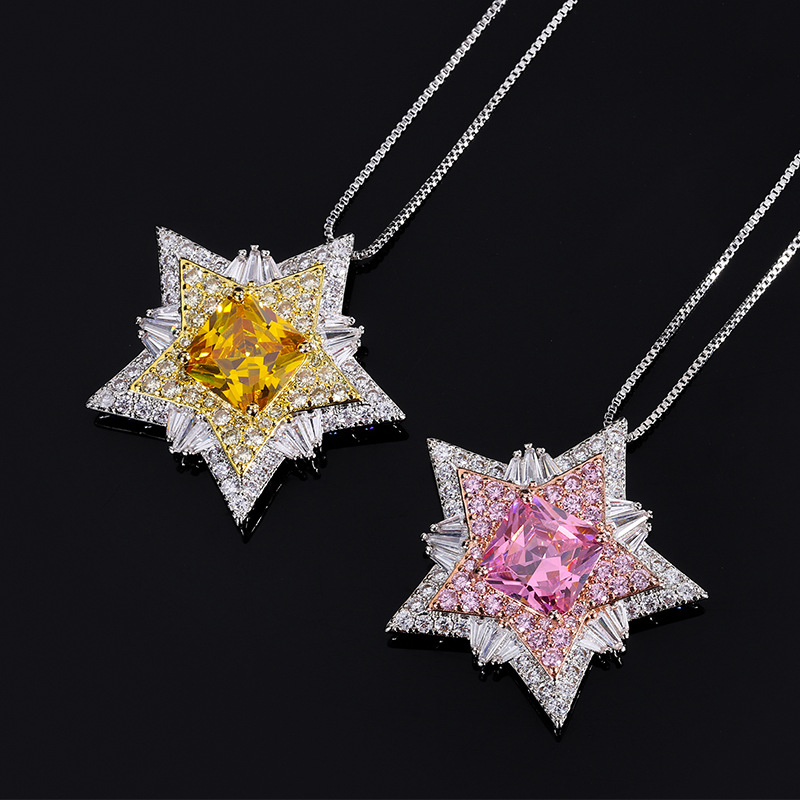 Light Luxury Star Pendant Necklace For Women, Square Cut Honey Yellow Tone Simulated Zirconia Full Pave Rhinestone Thin Snake Chain Clavicle Chain Elegant Business Party Accessories — view 5