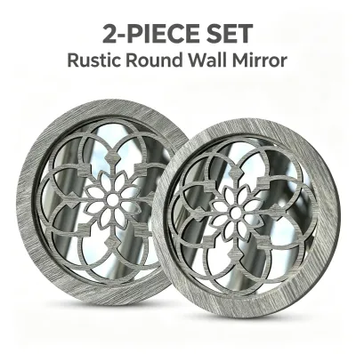 2 Pack Rustic Round Wooden Wall Mirror, Hollow Floral Carved Decorative Mirror, Farmhouse Wall Hanging Art For Home Decoration