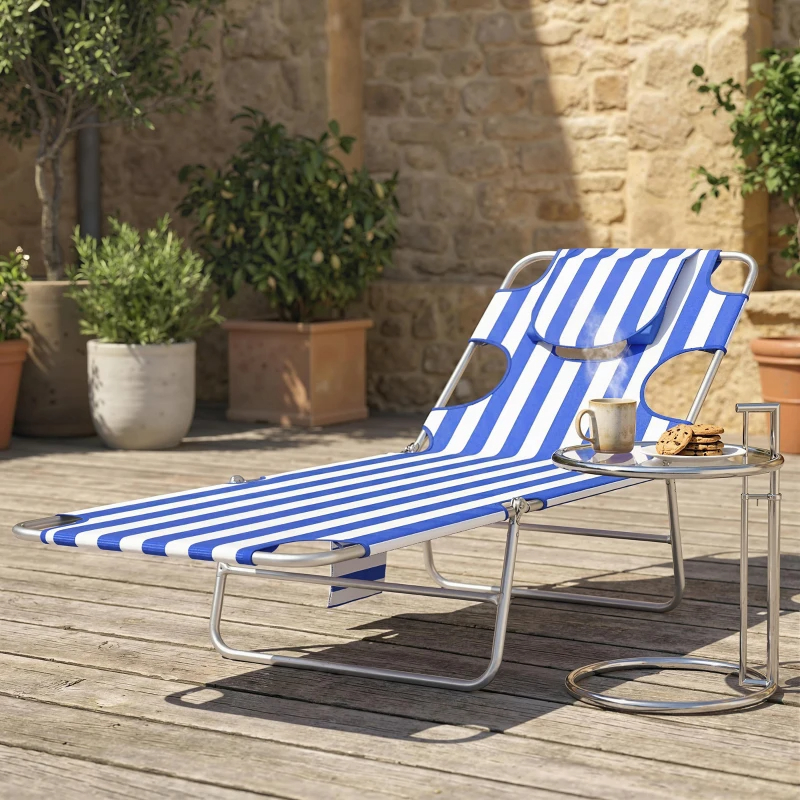 Anning Chair With Face Hole, 5-Level Adjustable Outdoor Chaise Lounge Chair With Pillow For Beach, Pool, Blue Stripes