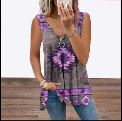 Women's Geometric Vest Abstract Print V Neck Casual Top Qfwx10210 - Shop at LoveMi