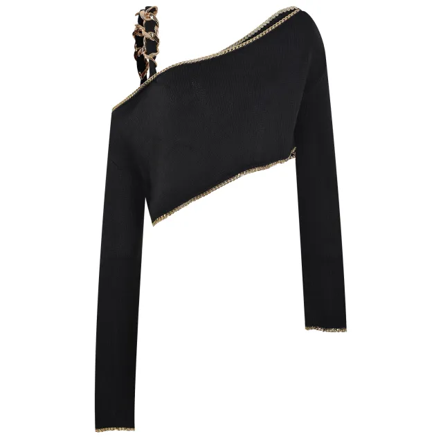 New Style Chain Wrap Long Sleeve Slanted Shoulder Strapless Black Cropped Pullover Black - Shop at LoveMi