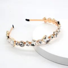 Korean Style Crystal Headband With Rhinestones - White Diamond Gold Base - View 1